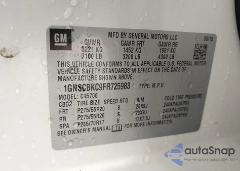 2015 Chevrolet Tahoe Lt z USA, uszkodzony, nr VIN 1GNSCBKC9FR725983